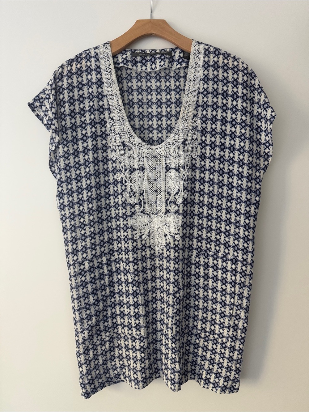 Twelfth Street by Cynthia Vincent Navy & White Embroidered Scoop Neck Tunic